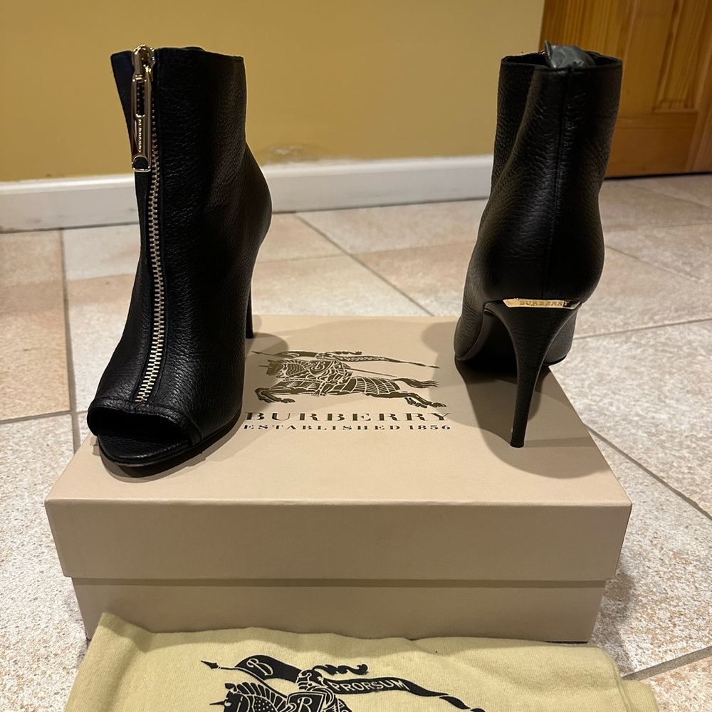 Black peep toe Burberry booties with gold hardware